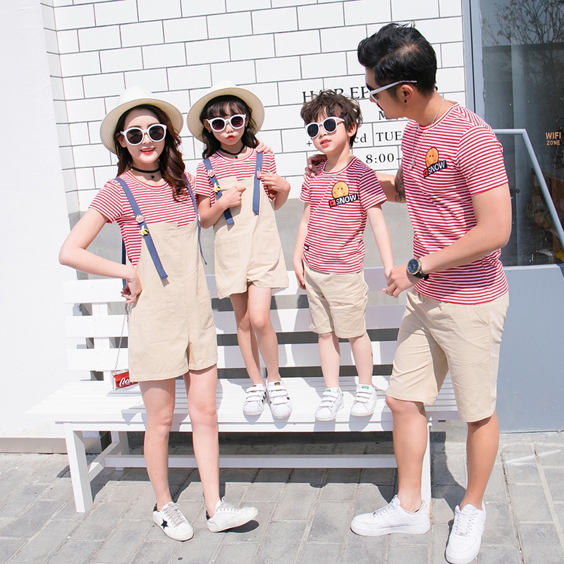 South Korean pro-sub-dress with a family of three-four-mouth striated short sleeve suit Chaochio baby bag pants mother and son