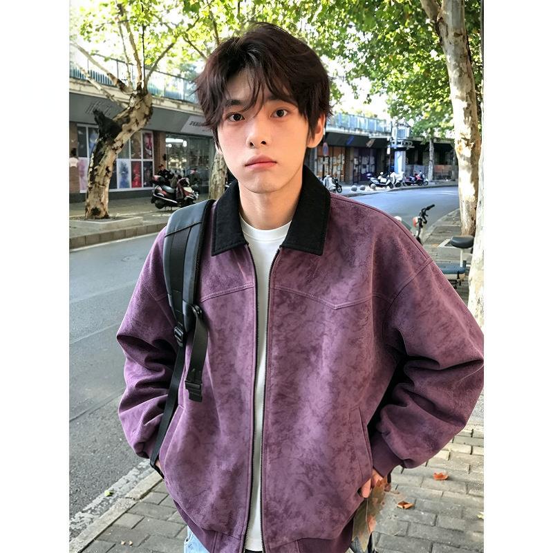 Purple Tie-Dye Barn-Style Short Jacket for Men, Autumn American-Style Pu Leather Flight Jacket with Lapel, Workwear Baseball Jacket