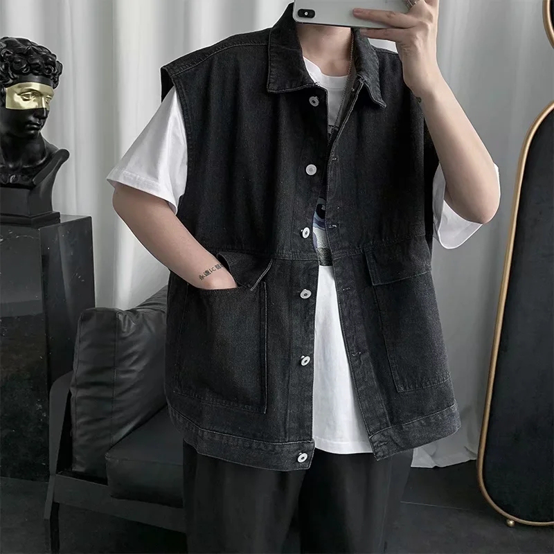 2020 Summer Hong Kong Style Trendy Sleeveless Denim Clothing Unisex Bf Korean Casual Lapel Vest Workwear Jacket Trendy