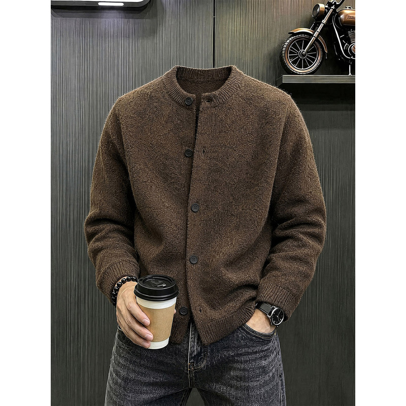 Men's Autumn Cardigan Sweater in a Coffee Color, Stylish and Casual Knitwear with a Relaxed and Old-Money Style Men's Autumn Cardigan Sweater in a Coffee Color, Stylish and Casual Knitwear with a Relaxed and Old-Money Style