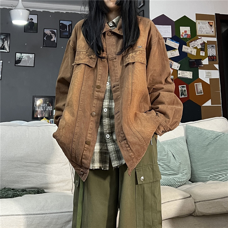 Street-Style Denim Jacket for Men, Spring and Autumn, American Retro Coffee-Colored Workwear Jacket, High Street Trendy Brand, Loose Distressed Top