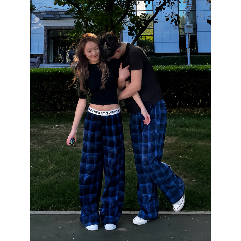 Zzhka American-Style Blue Plaid Pants for Men and Women, Summer Waistband Splicing, Casual Wide-Leg Pants, Couple's Casual Long Pants