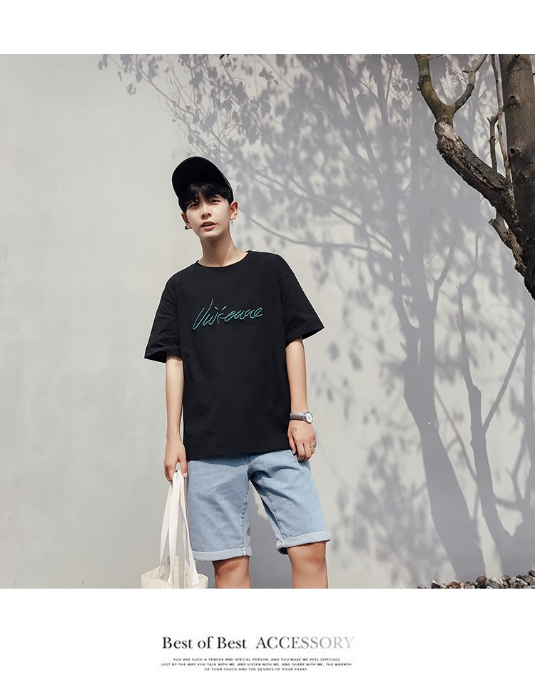 2018 mùa hè vài thêu T-Shirt nam ngắn tay lỏng sinh viên Hàn Quốc hoang dã giản dị áo sơ mi vòng cổ áo sơ mi