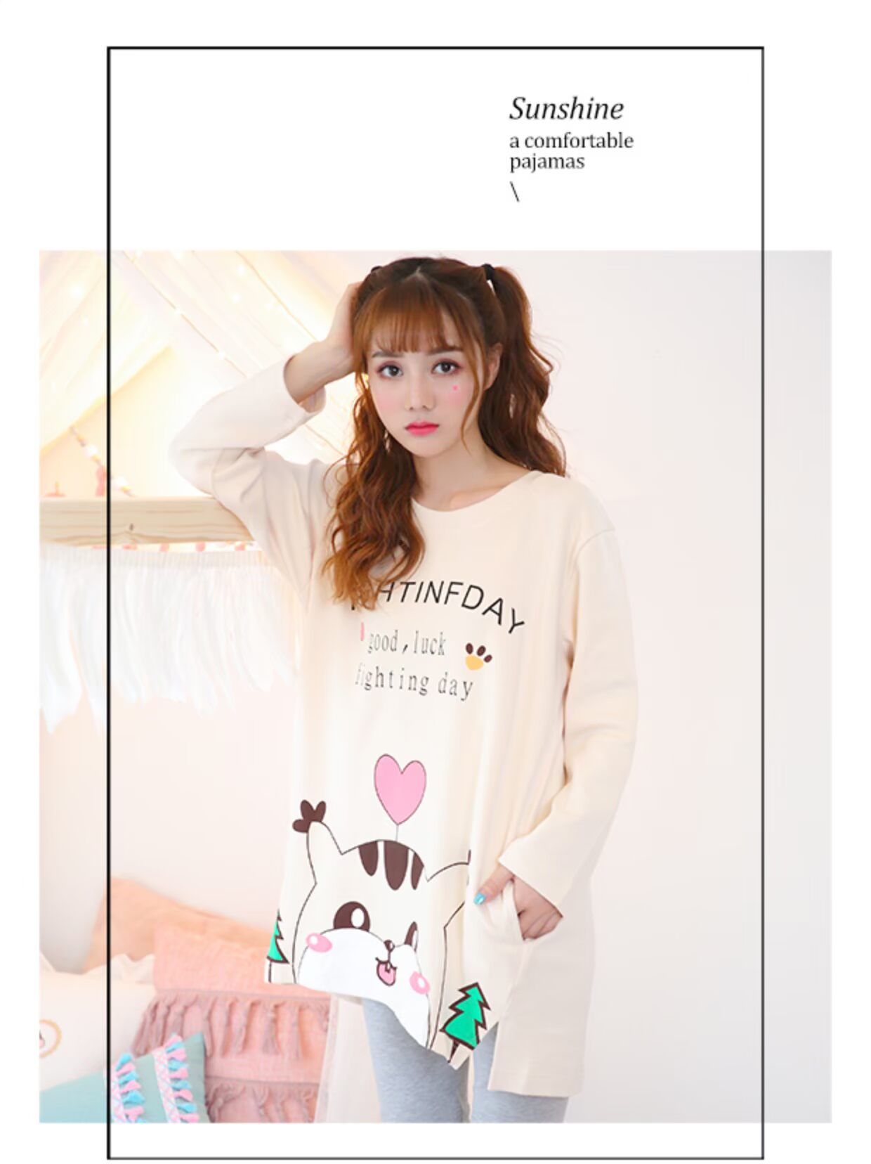 Bộ đồ ngủ nữ mùa xuân và mùa thu cotton dài tay phiên bản Hàn Quốc của phần mỏng dễ thương tươi mát của gió công chúa có thể được mặc bên ngoài bộ đồ hai dây phục vụ gia đình đồ bộ ống suông