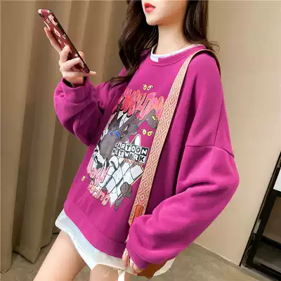 202 Spring and Autumn New Korean version of the long version of the stitching fake two pieces of sweater women thick round neck loose cartoon top tide