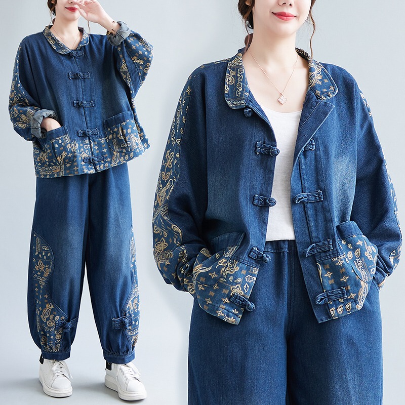 Middle-Aged Mother's Spring Outfit, Stylish Top, Middle-Aged and Elderly Women's Clothing, Spring and Autumn Korean Style Denim Jacket and Pants Two-Piece Set