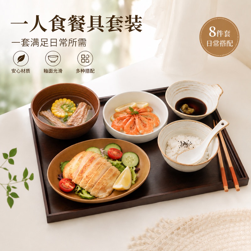 Handmade Japanese-Style One-Person Dining Set with 8 Pieces of Tableware, Suitable for Postpartum Meals, Household Bowls, Plates, Spoons, and Trays