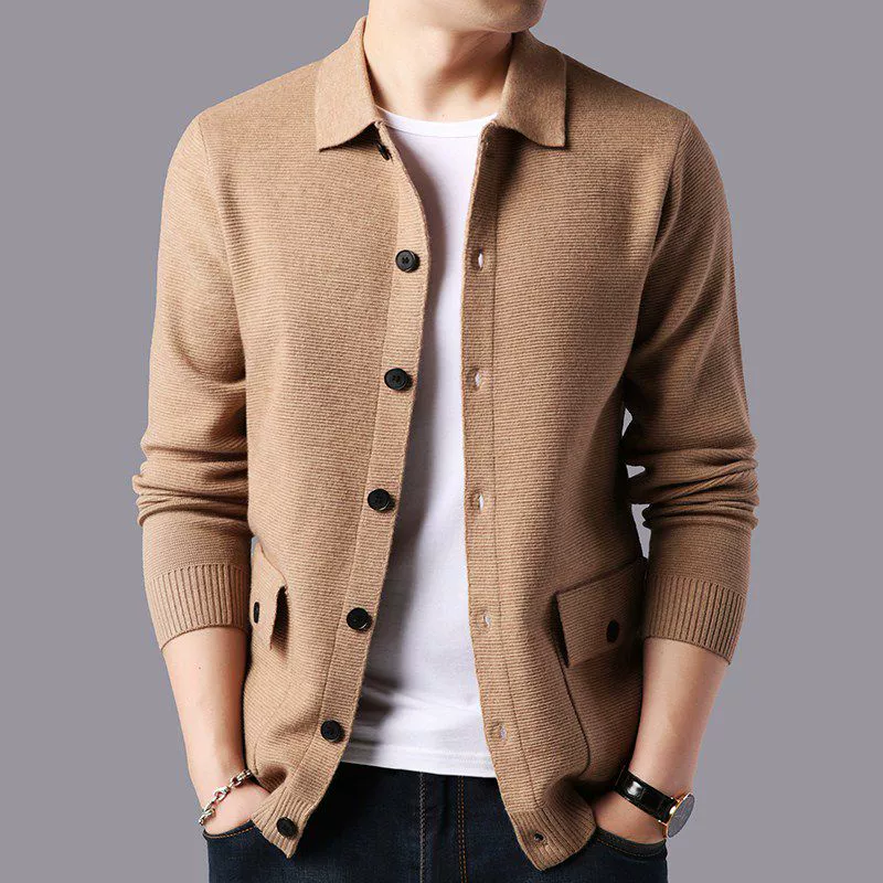 Ordos thành phố mùa thu và mùa đông nam mới áo len cashmere ve áo cổ áo dệt kim áo len giản dị áo khoác ngoài mặc áo len - Cardigan