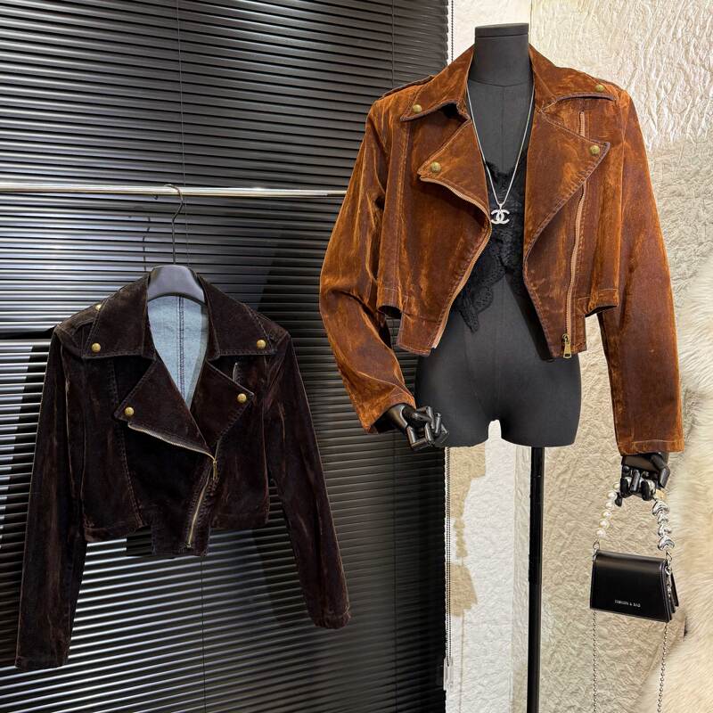 Retro Amber Suede Texture Blazer with Small Lapels, Composite Denim Jacket for Women, Chic Motorcycle Jacket for Spring and Autumn