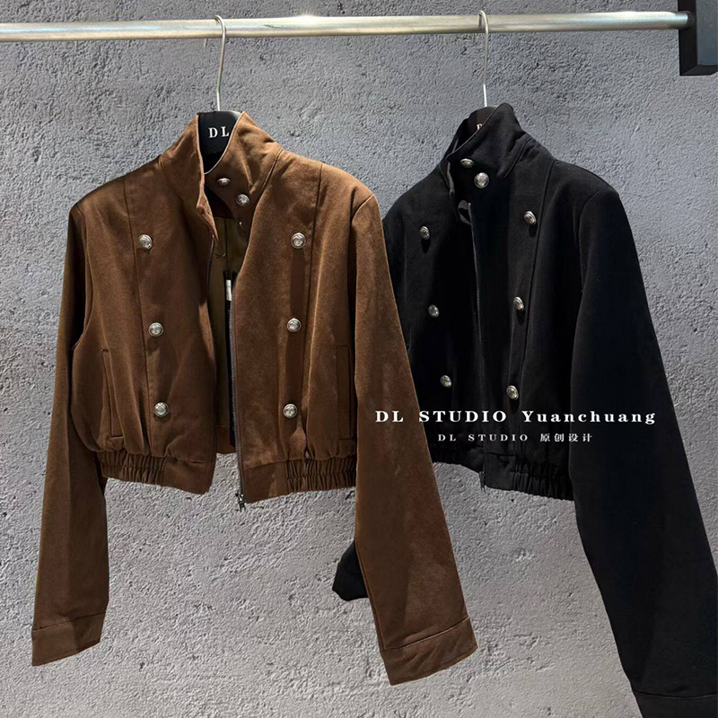 American Retro Suede Double-Breasted Round Button Stand Collar Jacket for Women, Autumn Petite Casual Design Jacket American Retro Suede Double-Breasted Round Button Stand Collar Jacket for Women, Autumn Petite Casual Design Jacket