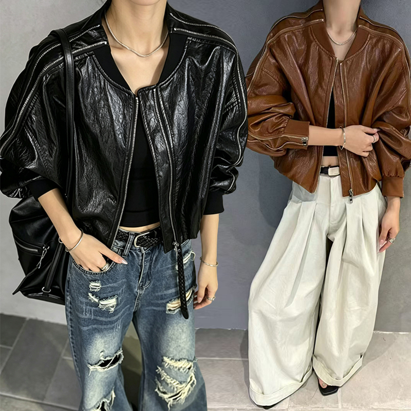 Trendy Influencer Style Heavy-Duty Unique Zipper Puff Sleeve Pu Leather Jacket for Women, Spring and Autumn High-End Baseball Jacket Trendy Influencer Style Heavy-Duty Unique Zipper Puff Sleeve Pu Leather Jacket for Women, Spring and Autumn High-End Baseball Jacket