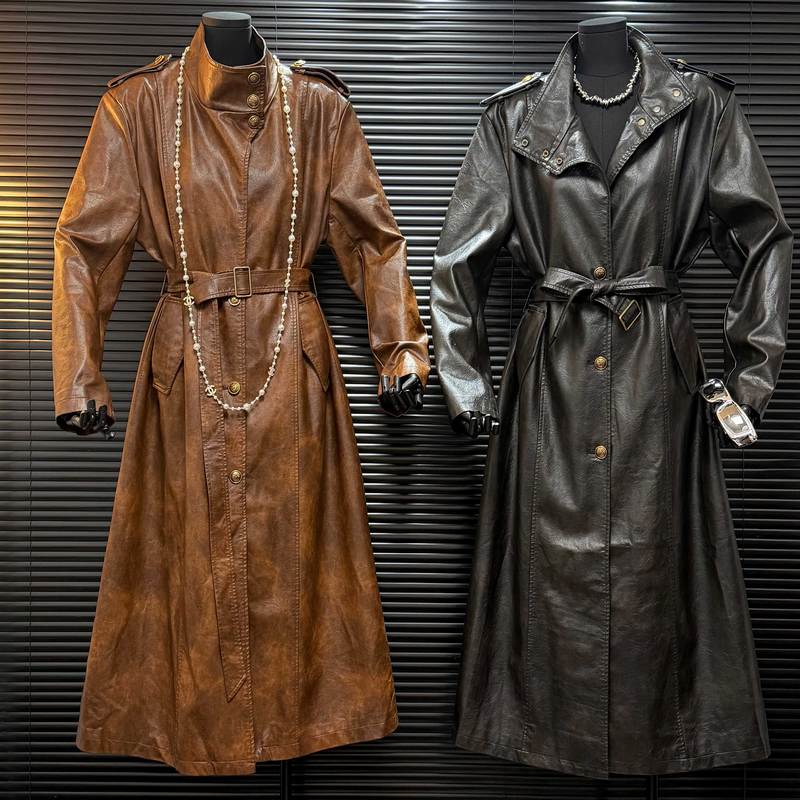 Cool and Stylish Ladylike Tie-Dye Retro Chic Long Pu Leather Trench Coat for Women, Popular for Spring and Autumn with a Tie