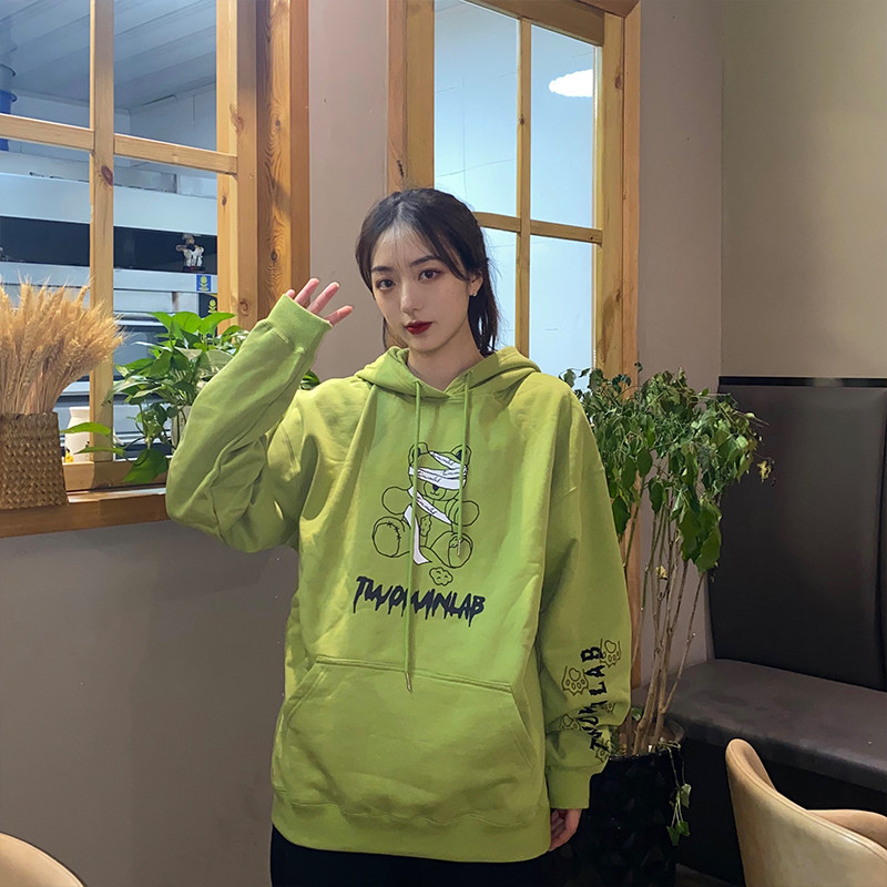 LKSTORE TWOWINLAB Trendy Street Ribbon Bear Print Hip-Hop Sweater Men's and Women's Loose Hoodie