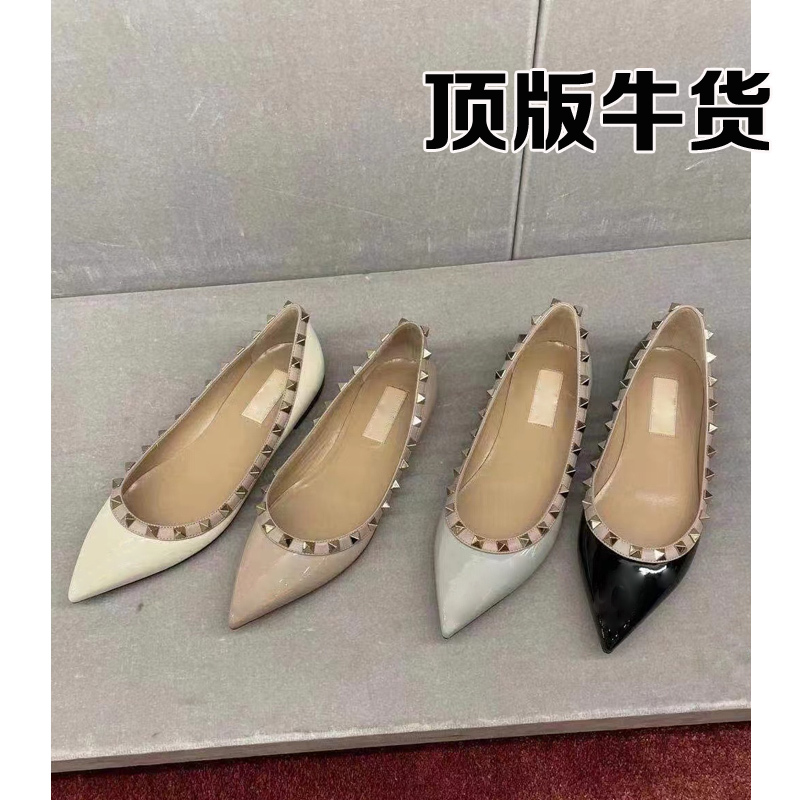 Lusole Ceiling! Pointed Toe Rivet Shoes for Women 2026 New Genuine Leather Nude Patent Leather Flat Shoes