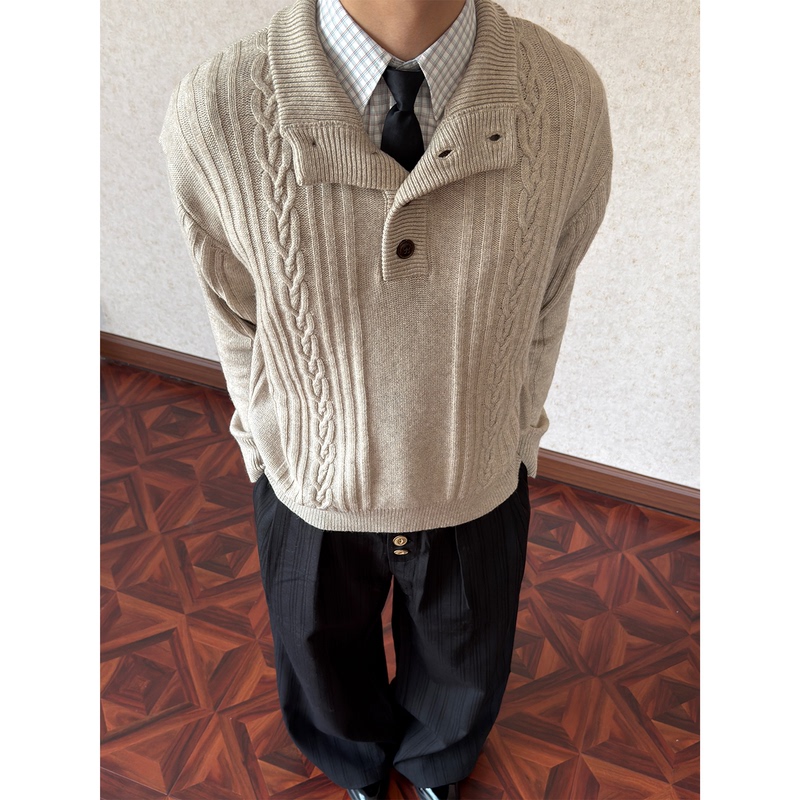 Sellshreen Retro Cable Knit Vertical Ribbed Sheep Wool Sweater, Casual Half-Open Collar Sweater, Unisex Style