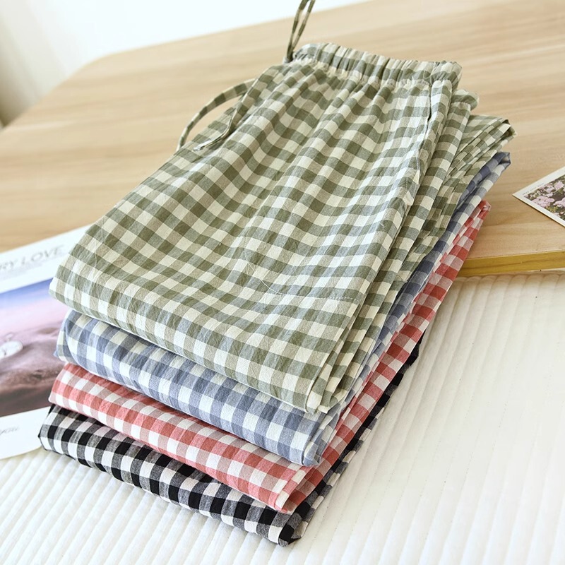Japanese Gp Pure Cotton Couple Pajamas Women's Summer Plain Simple Casual Plaid Thin Straight Pants Home Pants