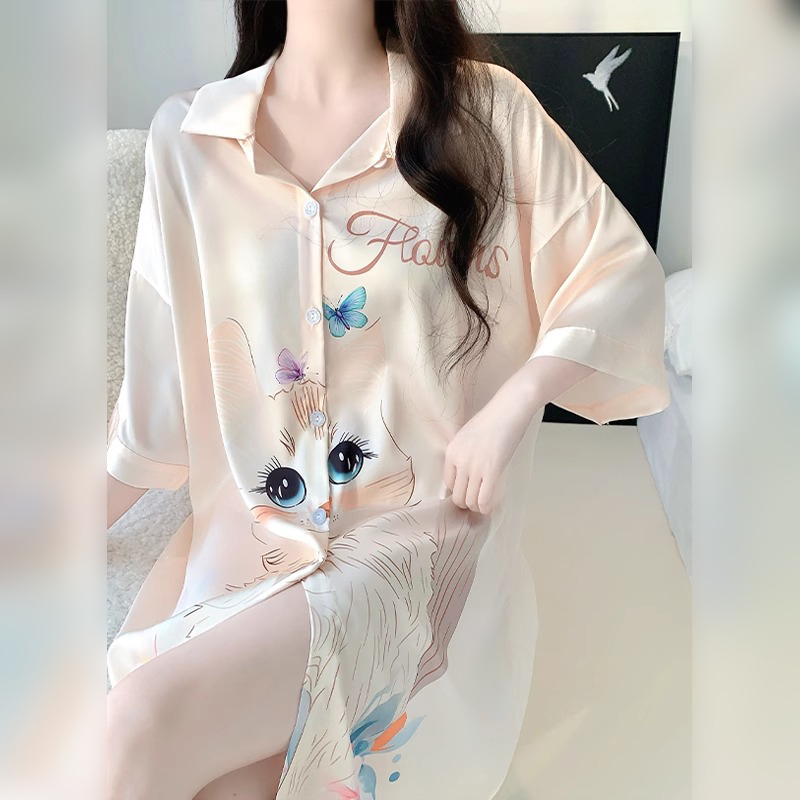 Japanese Gp Ice Silk Nightgown Pure and Sexy Shirt-Style Sleepwear for Women, Summer Thin Home Wear, New Model for Summer 2026