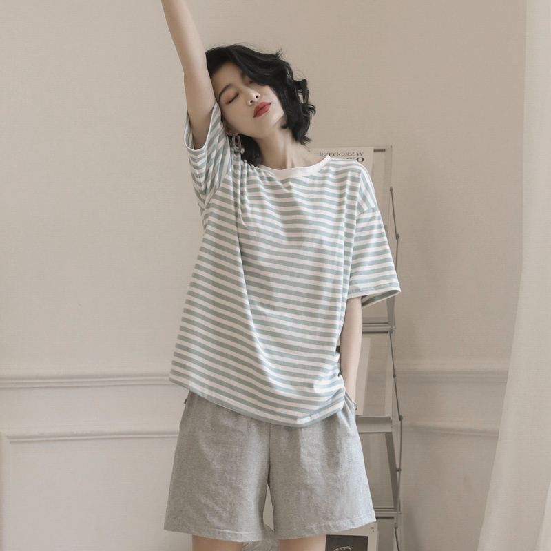Japanese Gp Pure Cotton Pajamas for Women, Summer 2026 New Short-Sleeved Two-Piece Striped Loungewear, Can Be Worn Outside