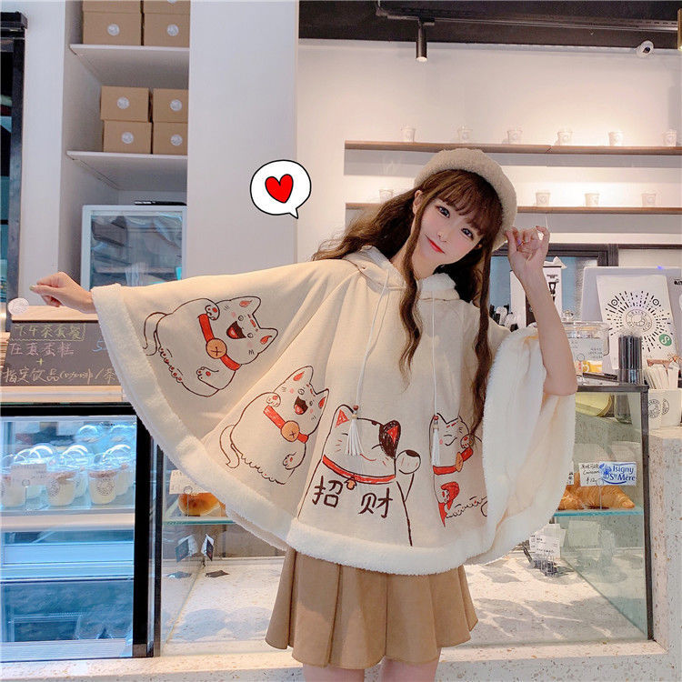 Autumn and Winter Cute Cat Ear Fleece-Lined Thickened Student Jacket for Women, Japanese Soft Girl Style Hooded Warm Cape Shawl Outerwear
