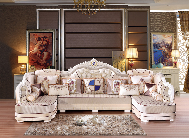 Manufacturer Direct Selling Preferential Living Room Luxurious Simplicity European And European Style Fabric Sofa U Type Antique Carved Solid Wood Frame Sofa