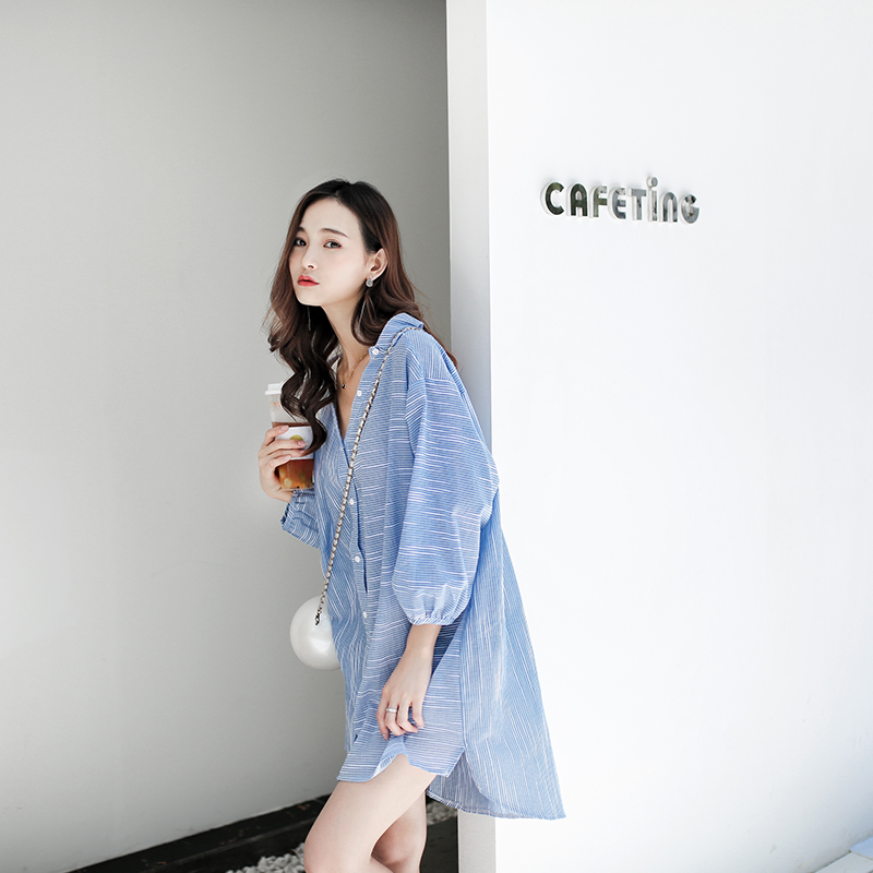 2017新款女夏秋装性感吊带棉麻衬衫裙子条纹宽松显瘦小心机连衣裙