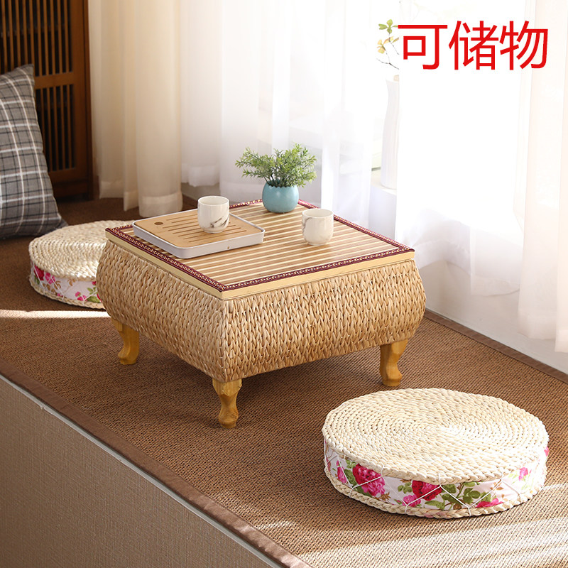 Grass rattan chic dwarf table small tea table minimalist solid wood tatami tea table day type of storage window sill table small kang table