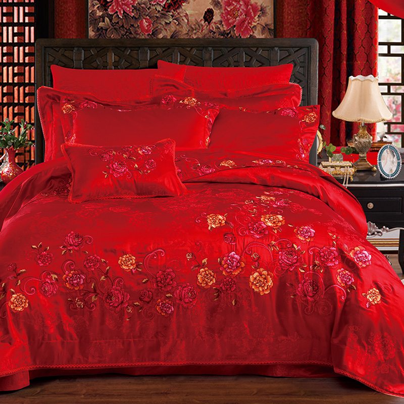 High-end 60 big red wedding four-piece set of cotton ten-piece set of eight-piece set wedding jacquard embroidered bedding