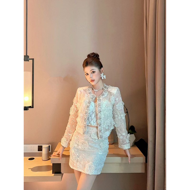 Heavy-Duty Rhinestone Sequin Thin Sun-Protective Cardigan for Women, Summer Lace Three-Dimensional Flower Breathable Top, Heavy-Duty Skirt Set