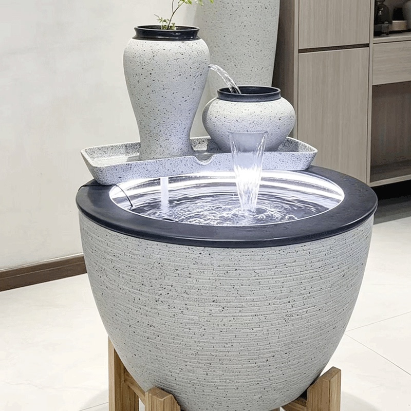 Jingdezhen Ceramic Fish Tank Waterfall Water Feature for Living Room Balcony, Traditional Fish Farming Circulation Filtration Floor-Standing Ornament