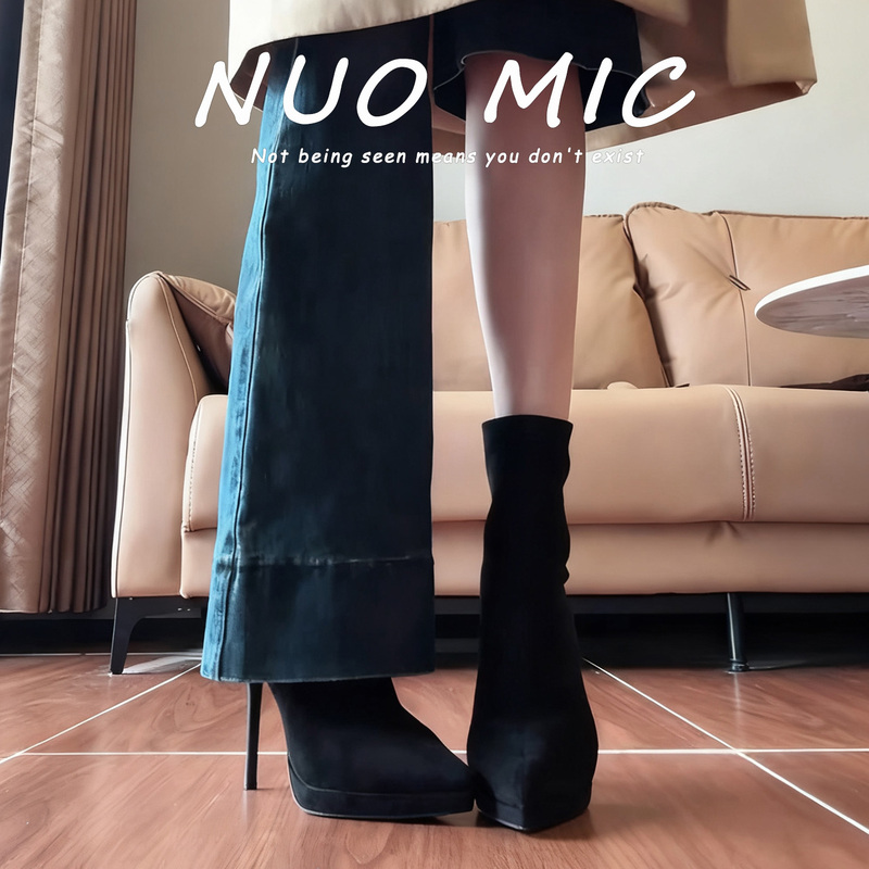 Pointed Toe Stiletto Korean Style Commuter Slim Boots for Women, Autumn and Winter New Black Velvet Elastic Short Boots, Waterproof Platform High Heels Pointed Toe Stiletto Korean Style Commuter Slim Boots for Women, Autumn and Winter New Black Velvet Elastic Short Boots, Waterproof Platform High Heels