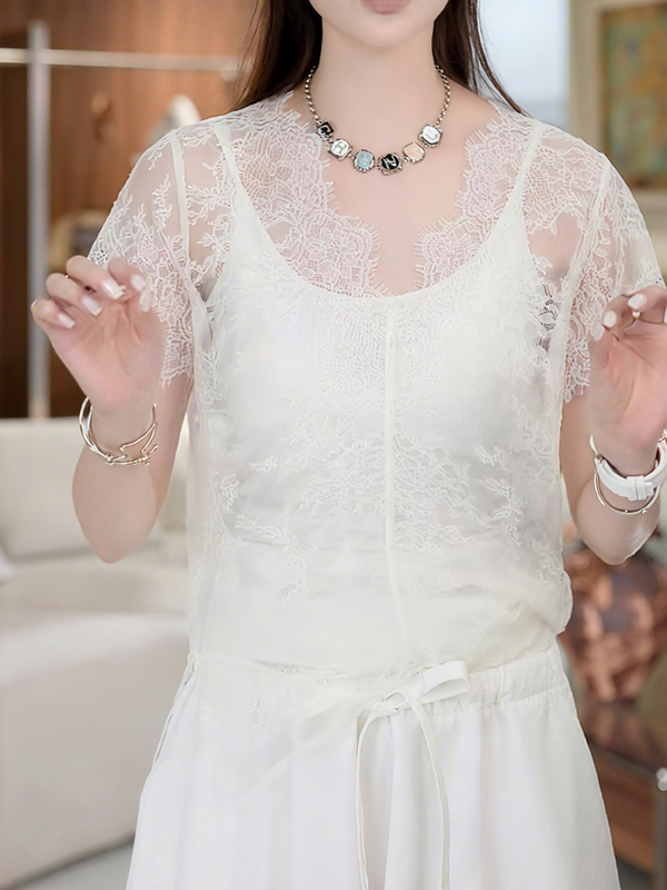 2026 Spring/Summer New Chinese Style Lace Hollow Embroidery Sheer Lightweight V-Neck Blouse Short Sleeve Shirt 2026 Spring/Summer New Chinese Style Lace Hollow Embroidery Sheer Lightweight V-Neck Blouse Short Sleeve Shirt