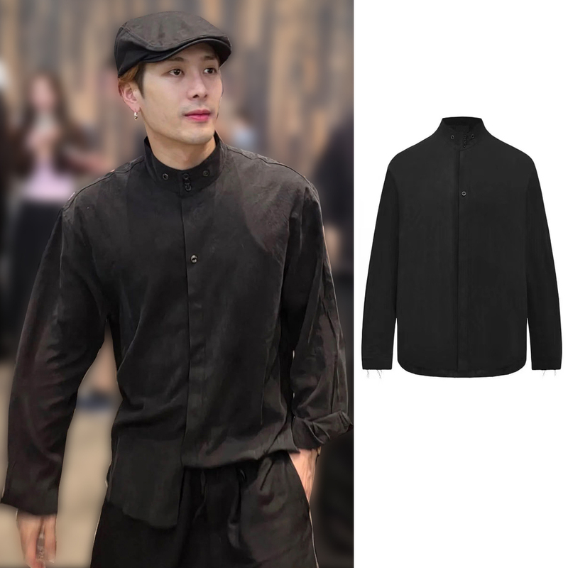 Jackson Wang's Same Style New Chinese-Style High-End Stand-Collar Shirt for Men and Women with Hidden Buttons, Long Sleeves, Loose Fit, and a Draping Effect, Trendy Half-High Collar Top