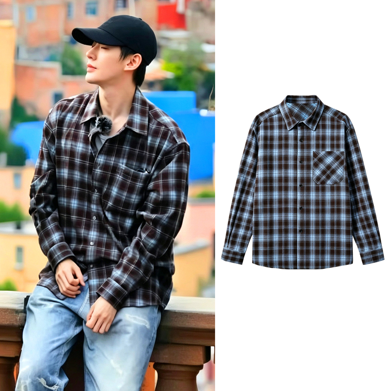 Floral and Youthful Style: Deng Wei's Same Style Brushed Plaid Shirt, Vintage Loose and Casual Long-Sleeved Couple's Shirt Jacket for Autumn Floral and Youthful Style: Deng Wei's Same Style Brushed Plaid Shirt, Vintage Loose and Casual Long-Sleeved Couple's Shirt Jacket for Autumn