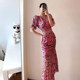 2022 French-style chiffon floral suit skirt women's strappy short top slit fishtail skirt two-piece set