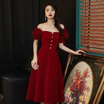 Toast dress bride 2024 new red can usually wear engagement home dress dress small one-shoulder dress