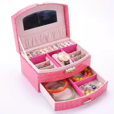 Leather jewelry box Princess European-style wooden lock Korean jewelry ear needle box double-layer jewelry storage jewelry box
