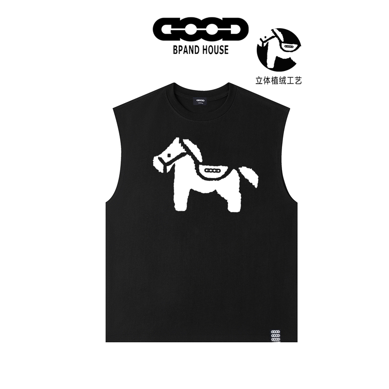 2026 Summer New Model, Same Style as Lao Bai, Good 3D Velvet White Horse Vest, Unisex Loose Sleeveless T-Shirt