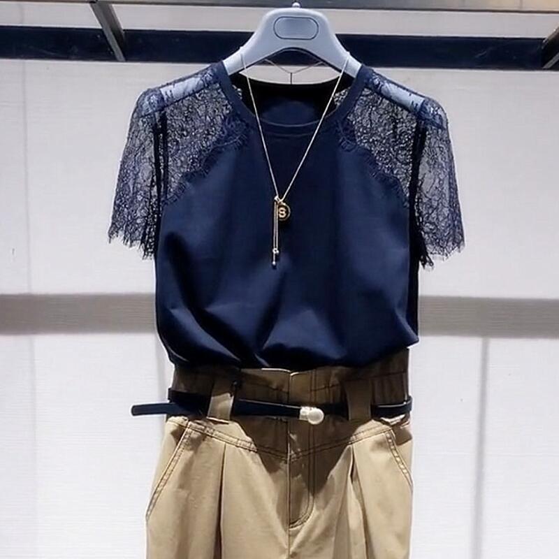 Same Style as in the Mall, Amash Women's Clothing 2026 Summer New Fashion Lace Splicing Short-Sleeve T-Shirt Top 5300653