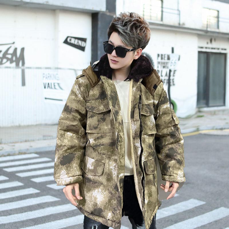 Mid-Length Camouflage Cotton Coat for Men, Winter Workwear with Hood, Thickened and Fleece-Lined, Warm and Cold-Resistant Mid-Length Camouflage Cotton Coat for Men, Winter Workwear with Hood, Thickened and Fleece-Lined, Warm and Cold-Resistant