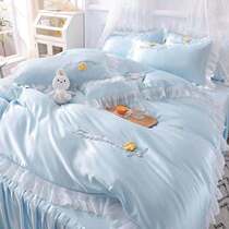 Summer ice silk bed skirt four-piece set Cotton pure cotton embroidery quilt cover Quilt cover Silk bed cover bed cover style lace