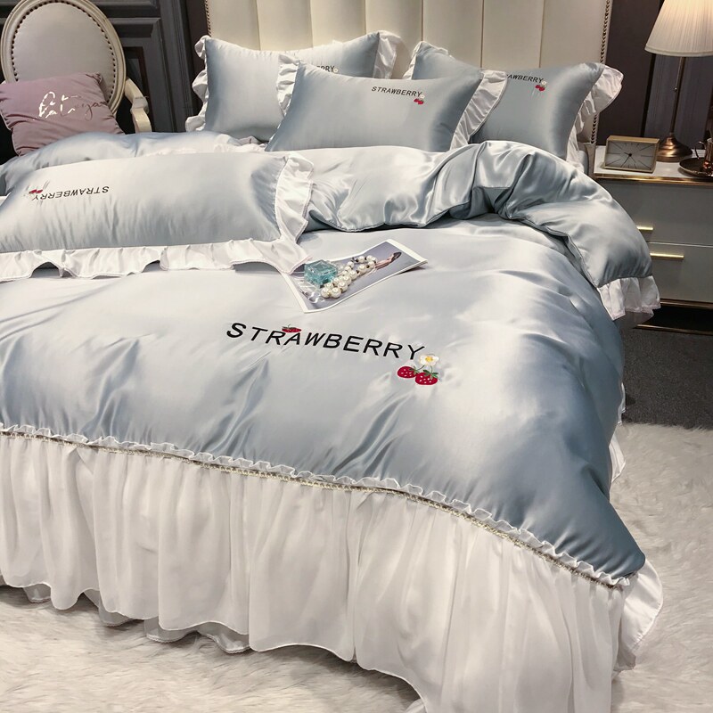 Princess style four-piece set Ice silk double-sided washed silk naked sleeping Tencel summer lace quilt cover Bedding girl