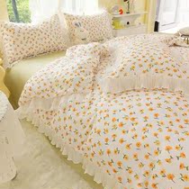 Small fresh cotton bed four-piece summer broken lace bed sheet duvet cover Girls heart dormitory three-piece bed sheet