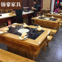 Factory custom retro hot pot table carbonized wood hot pot barbecue table and chair Inlaid marble solid wood hot pot table and chair