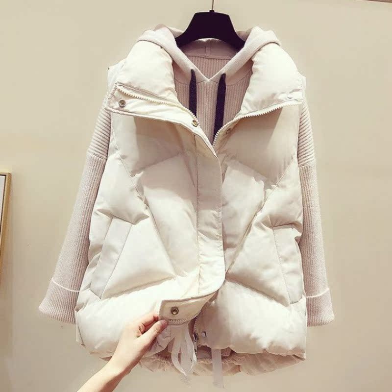 Autumn-winter down cotton waistcoat Female mid-length New Korean version loose collar waistcoat 100 lap waistcoat Female-Taobao