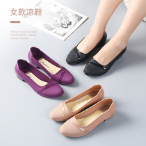 Spring-autumn waterproof soft bottom single shoe woman shallow mouth flat heel flat heel anti-slip rain shoes female head-round bean-bean shoes mid-aged womens shoes