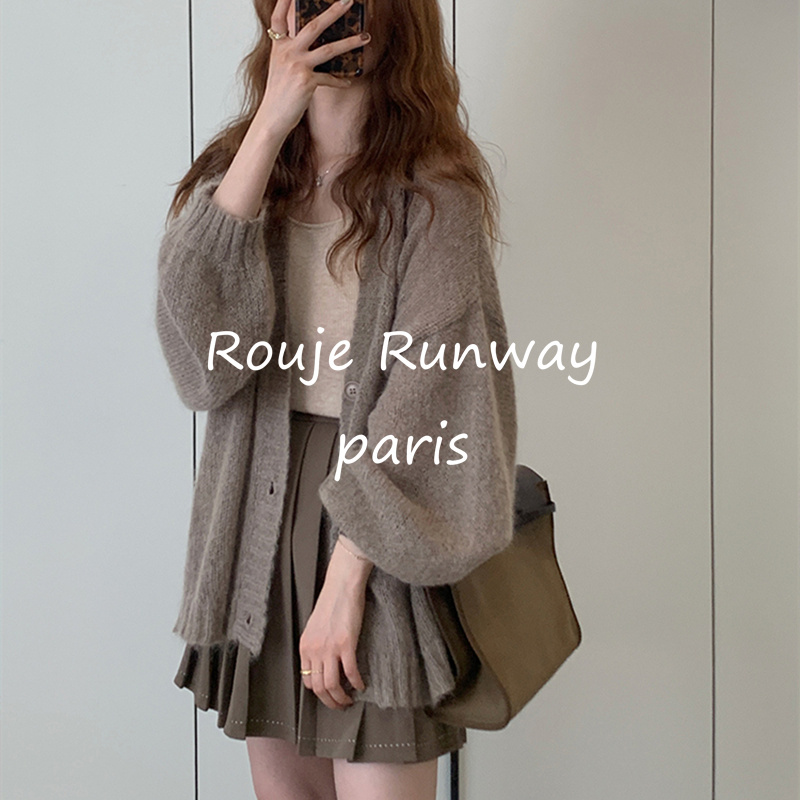 Rouje Runway Early Autumn Relaxed Knit Cardigan for Women, Autumn and Winter Lazy Style Mohair Coat, Loose Sweater