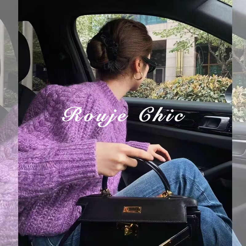 French Rouje Chic Purple Twist-Knit Soft Sweater for Women, Autumn and Winter, High-End, Loose, Age-Reducing Sweater Jacket