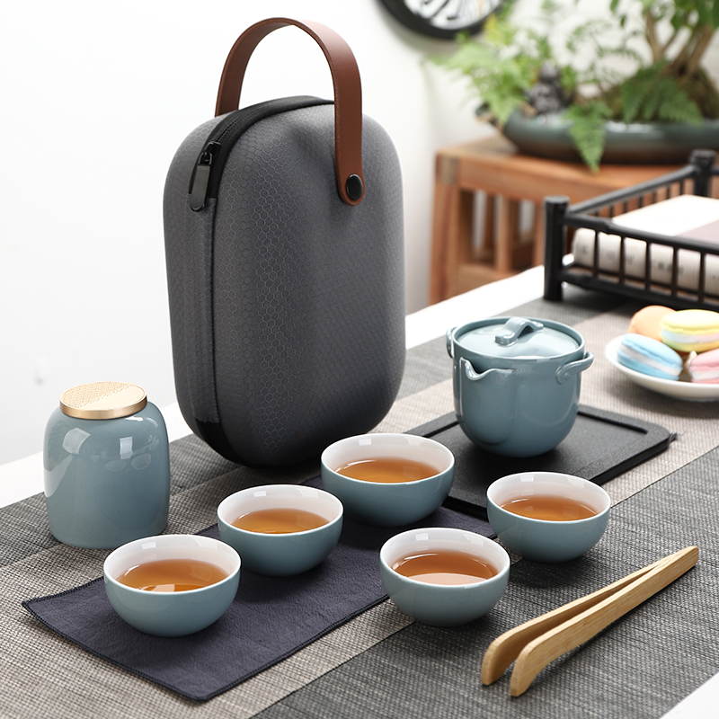 Ceramic quick-off cup, one pot, three cups, five cups, Japanese-style travel kung fu tea set, portable bag, outdoor drinking tea