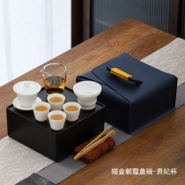 Portable tea set travel set high-end square storage melamine water storage tea tray mutton fat jade kung fu tea cover bowl