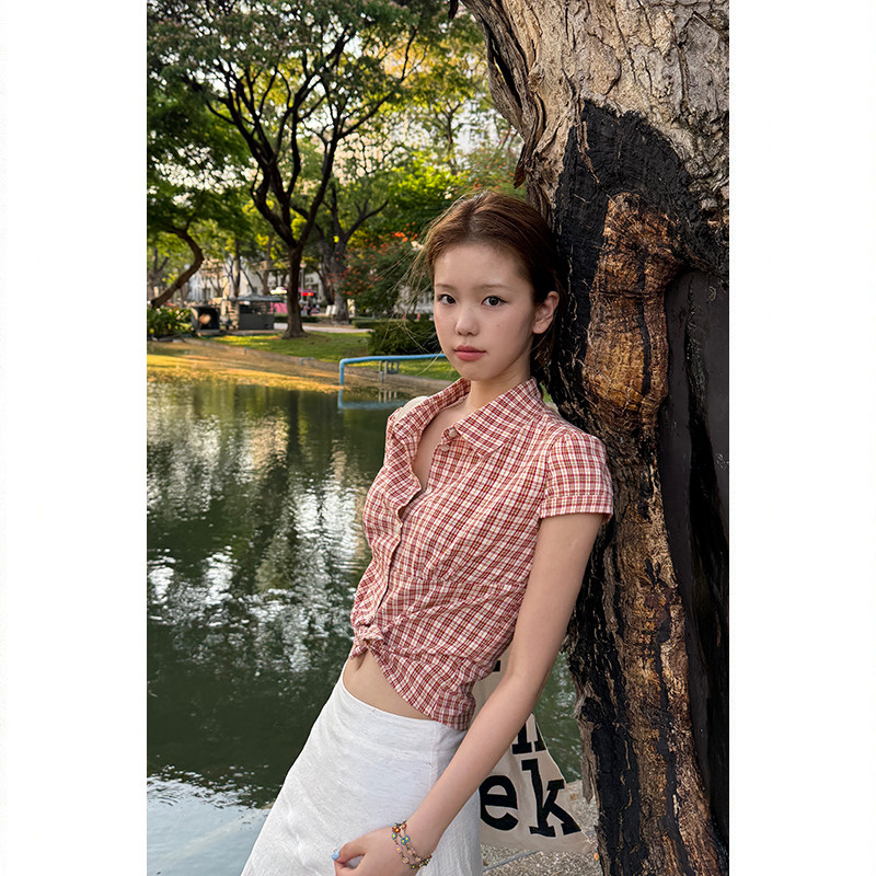 Tuuuh рубашка женская клетчатая с отложным воротником короткая с коротким рукавом весна-лето корейский стиль приталенная офисная блузка